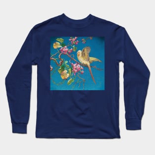 SMALL PARROT ON THE LILAC FLOWER TREE Japanese Style Floral in Blue Long Sleeve T-Shirt